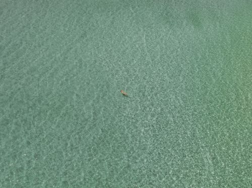 Free Aerial view of a lone swimmer in the clear, sunlit waters of Monti d'Arena, Apulia. Stock Photo