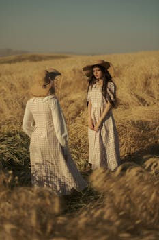 Two women in long dresses and hats stand in a sunlit wheat field, capturing a summer fashion vibe.