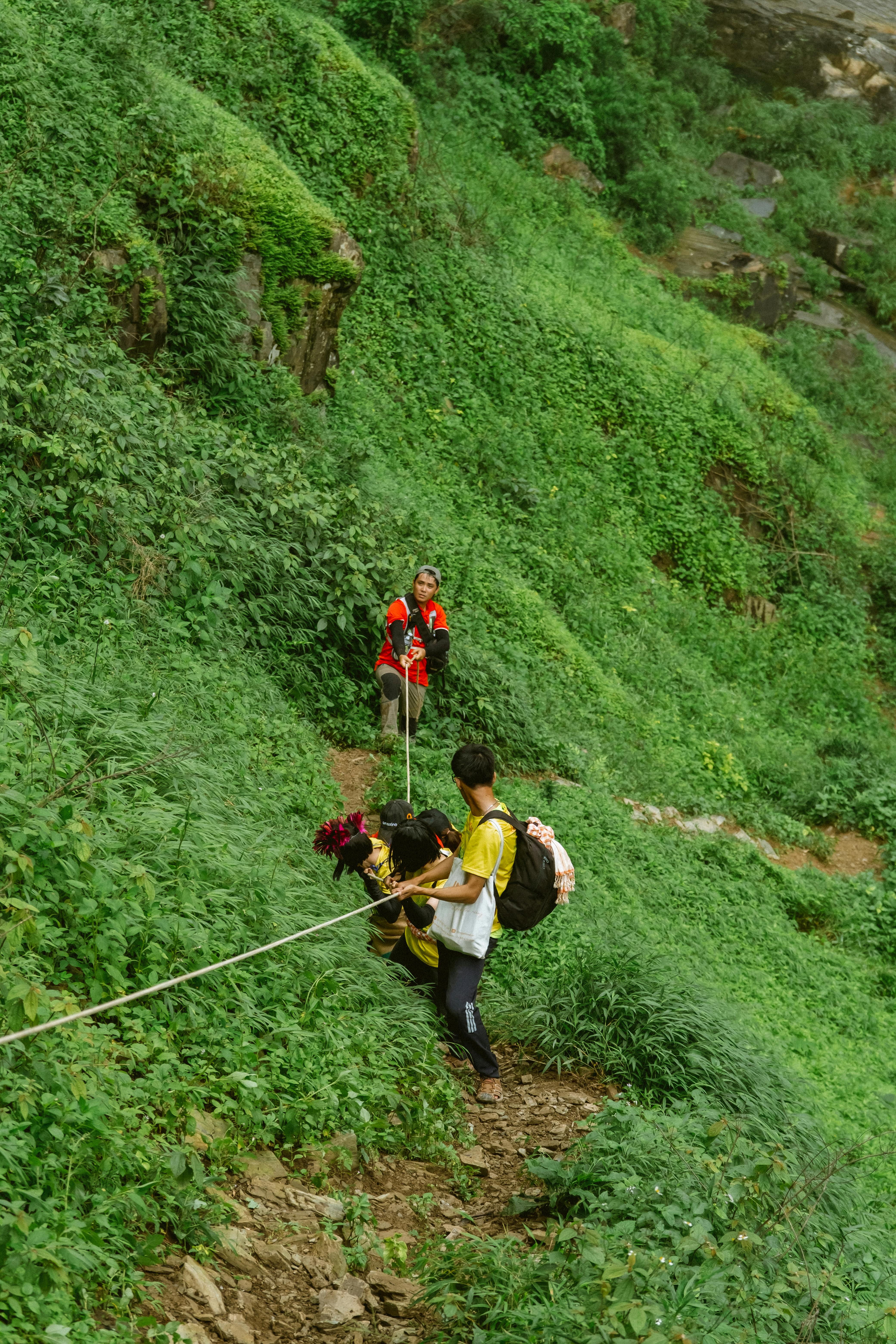 Hikers Walk Uphill and Hold Rope · Free Stock Photo
