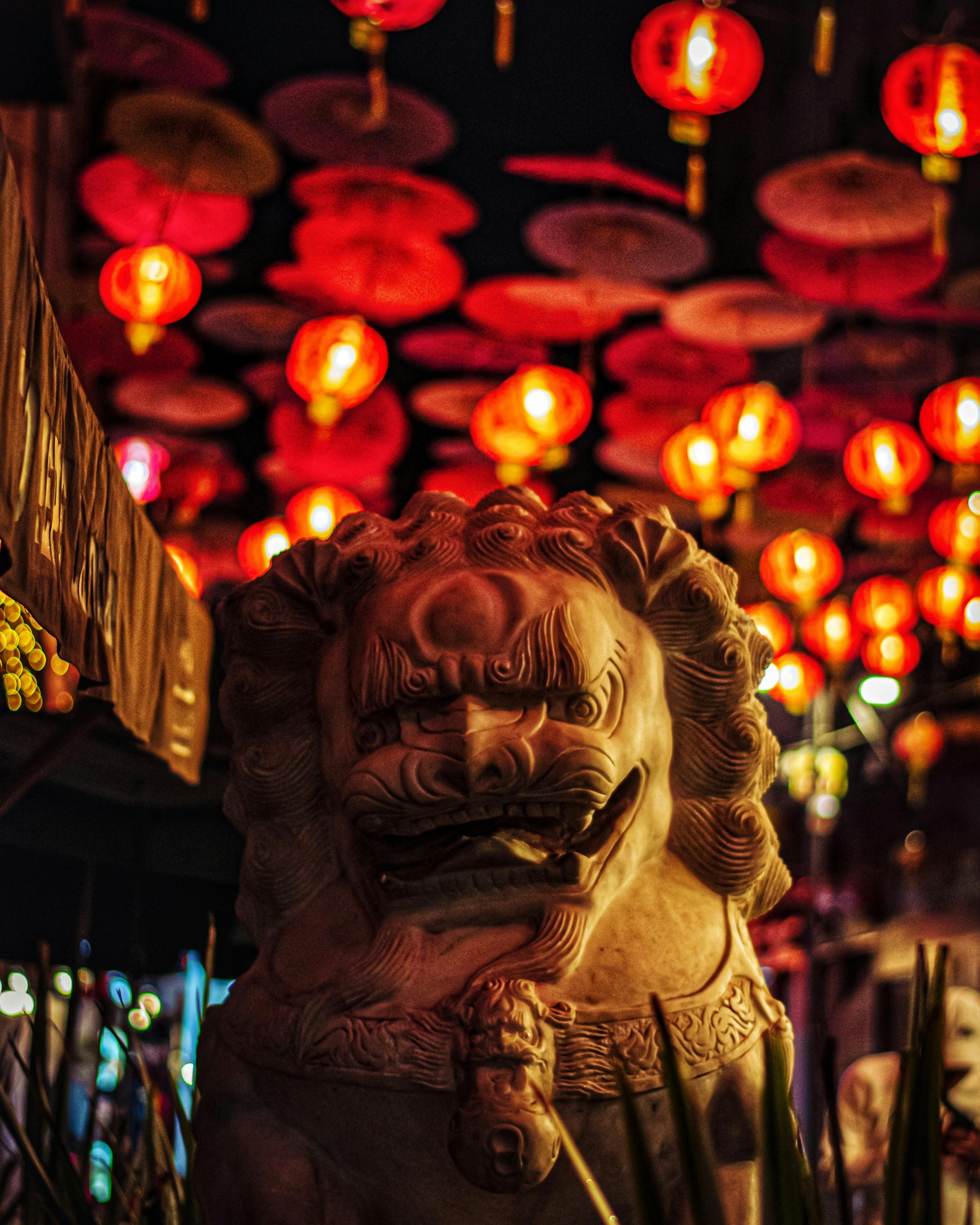 Colorful Chinese lanterns illuminate a traditional stone lion statue at night during a cultural festival.
