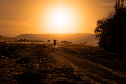 Person Riding a Horse on a Dusty Rural Roar at Dawn