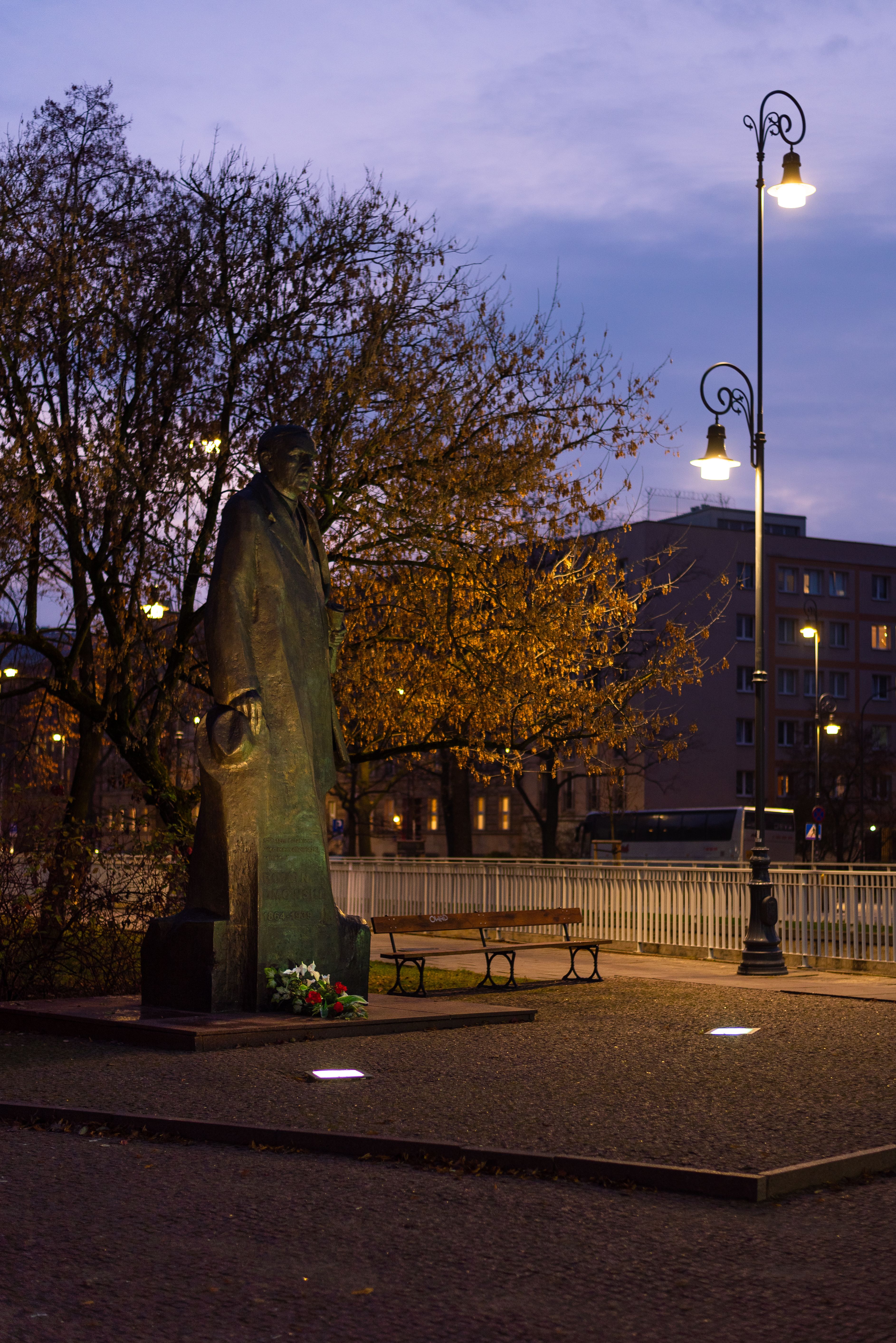 Statue in a town square illuminated by streetlights during twilight.