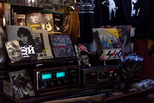 Vinyl Records and Vintage Audio Equipment in a Music Store 