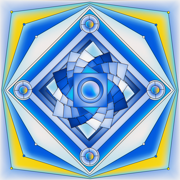 Vibrant blue and yellow digital abstract with geometric patterns and 3D effects.
