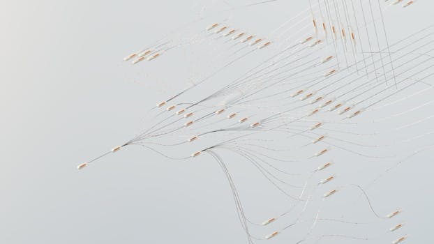 Abstract illustration depicting complex digital neural networks and data flow.