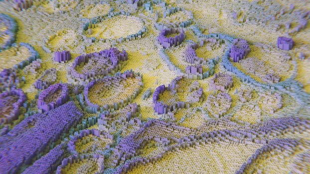 Colorful 3D rendering resembling neural networks or data visualization.