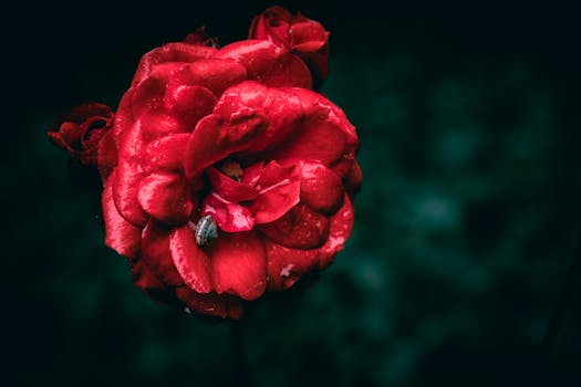 A close-up red rose with water droplets and a small snail on a dark background, conveying elegance and romance.
