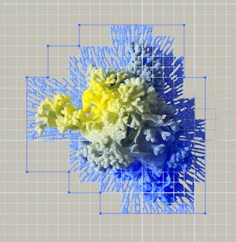 Colorful abstract 3D rendering of neural networks with vibrant blue and yellow gradients.