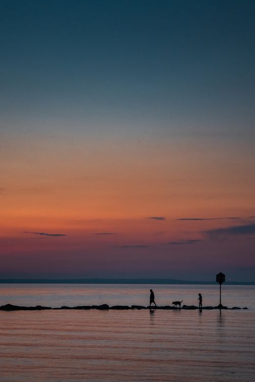 Free Peaceful evening scene of silhouettes walking with a dog along the shore during a vibrant sunset. Stock Photo