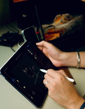 Person drawing digital art on a tablet indoors, showcasing technology and creativity.