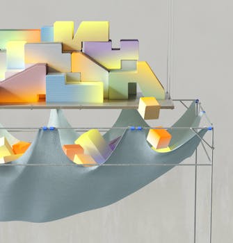 Abstract 3D render of vibrant blocks on a suspended fabric structure, with soft lighting.