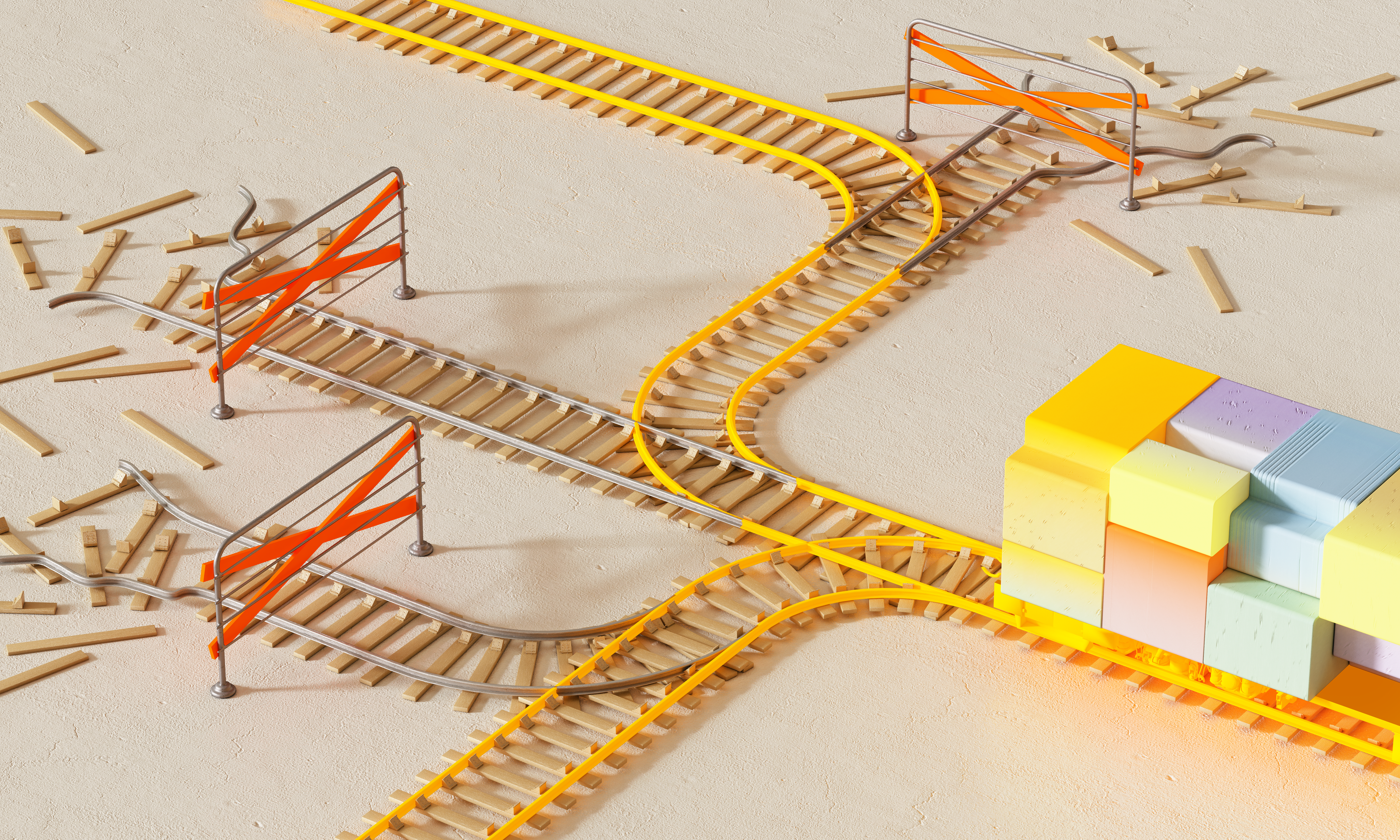 Colorful abstract design depicting rail tracks with blocks, illustrating choice and direction.