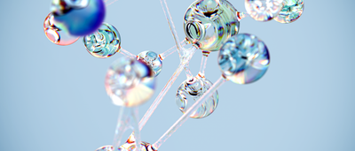 A 3D digital illustration of a sleek, glass-like molecular network structure against a light blue background.