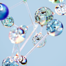 A 3D digital illustration of a sleek, glass-like molecular network structure against a light blue background.