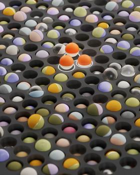 Vibrant abstract image featuring colorful, textured 3D spheres arranged on a perforated surface.