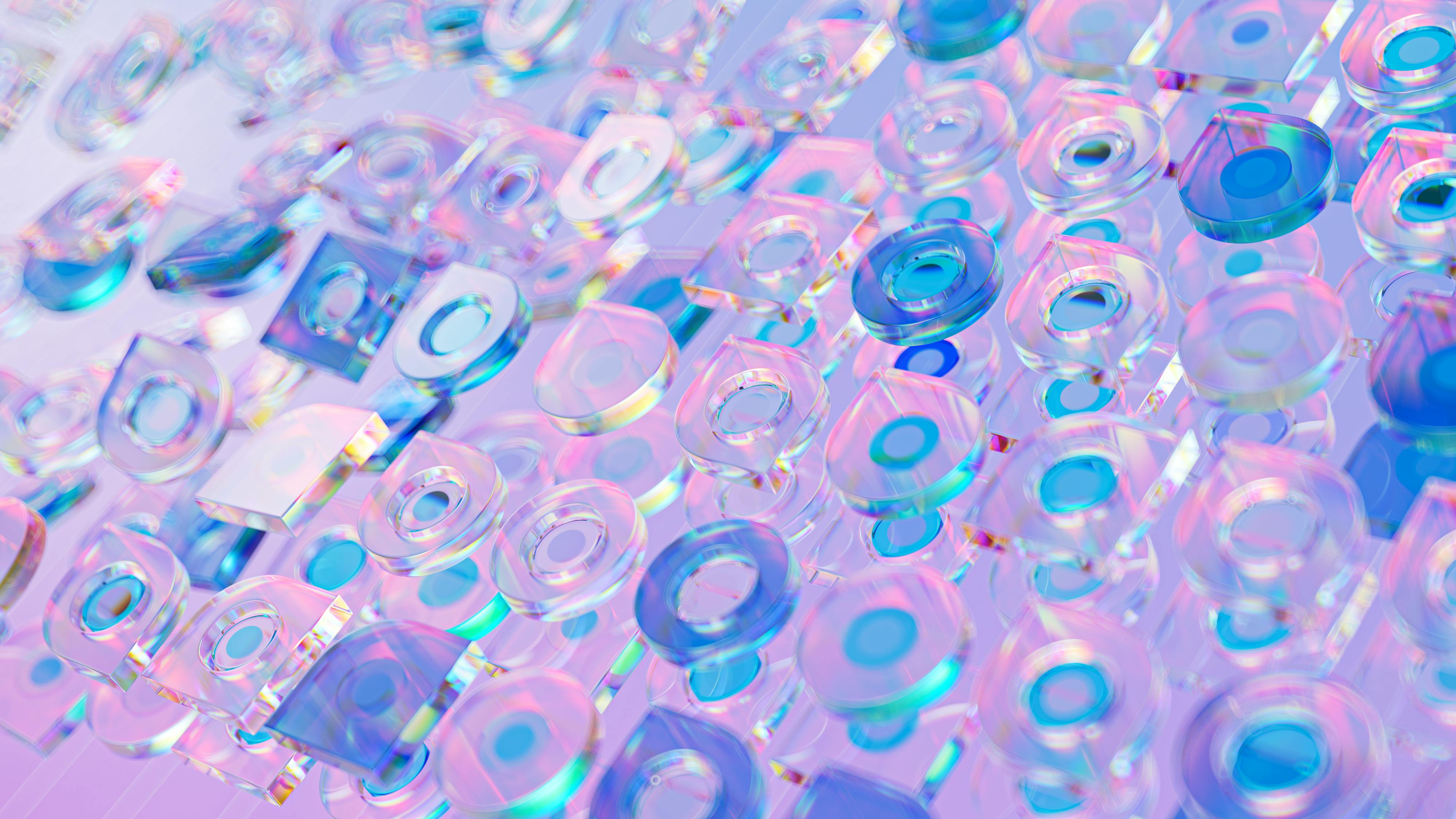 Free Vibrant abstract 3D render featuring transparent glass shapes with a holographic effect. Stock Photo