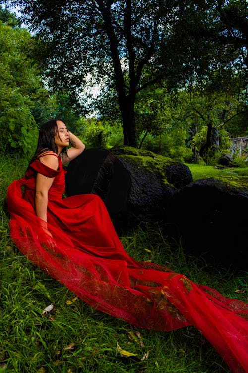 Young Woman in a Long Red Dress Posing in the Forest 