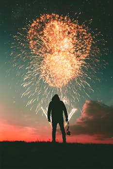 夜空下，一个人带着相机观看烟花表演的剪影