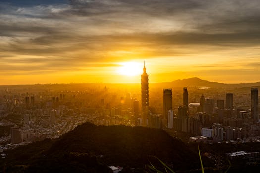 A breathtaking view of Taipei city during sunrise, highlighting the iconic Taipei 101 skyscraper.