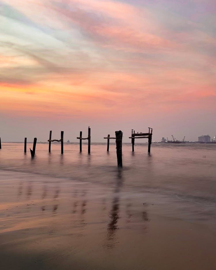 Wooden Sticks In Water At Dusk