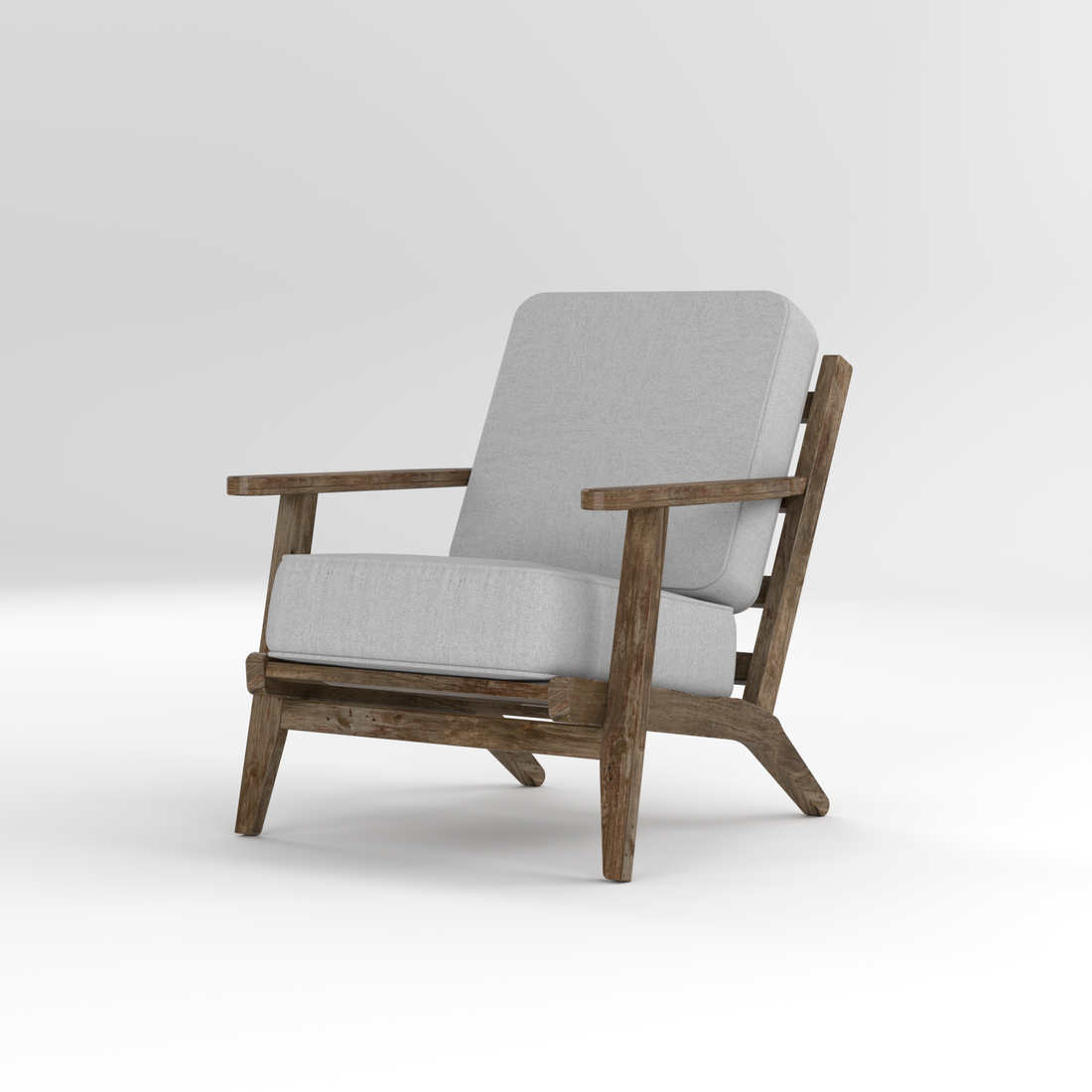 Model 74 lounge chair in oiled teak with ash bouclé upholstery, three-quarter view — photo by José Miguel Nivar on Pexels