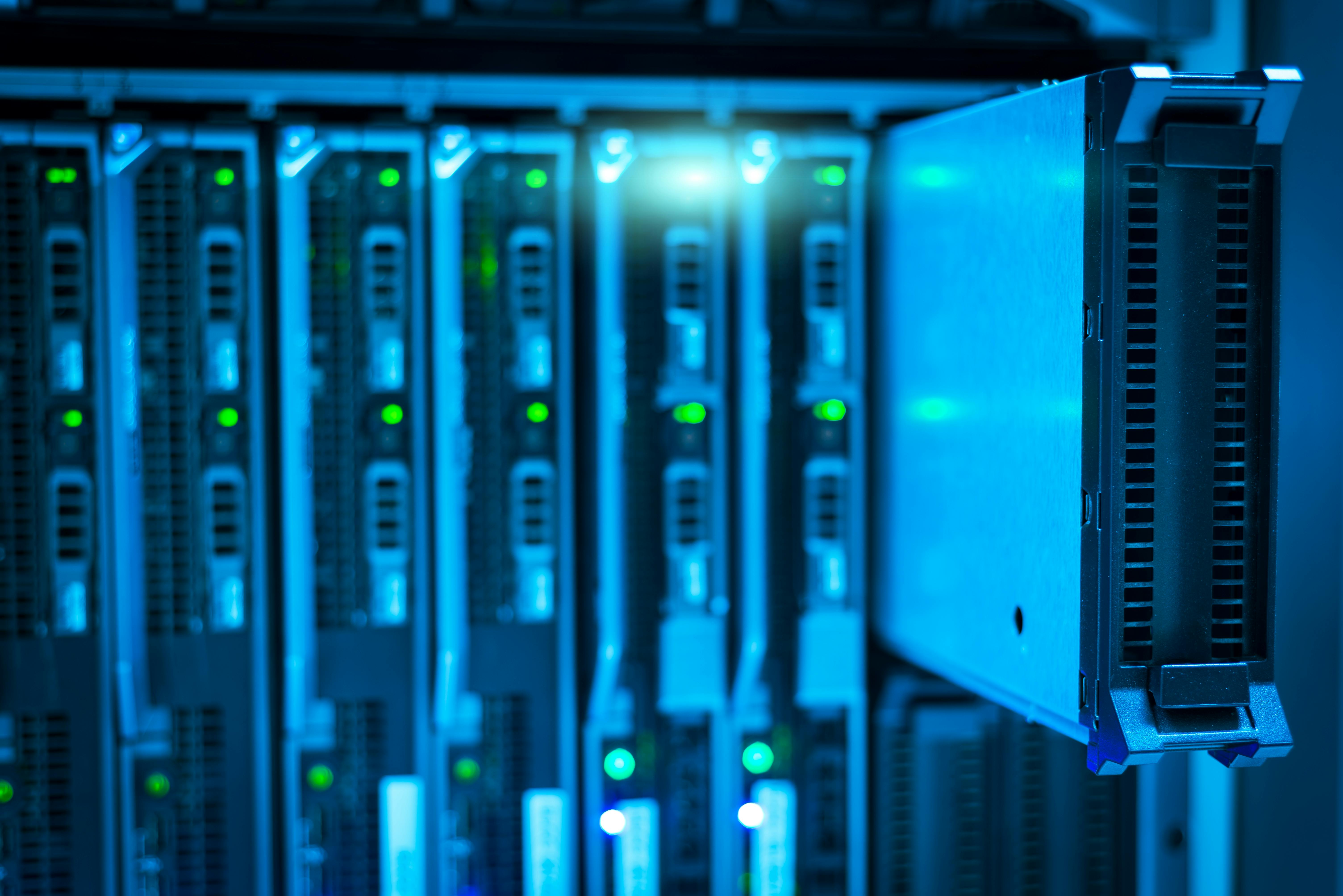 Detailed view of a server rack with a focus on technology and data storage.