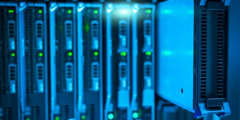 Detailed view of a server rack with a focus on technology and data storage.