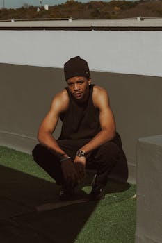 Man in black clothes crouching on a sunny urban terrace, showcasing street style fashion.