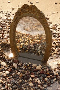 A vintage mirror reflects the vibrant pebble beach, creating an artistic and surreal shoreline scene.