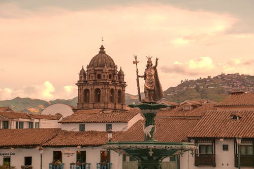 View of Buildings, Basilica of La Merced and the Statue of Pachacuti in Cusco, Peru 