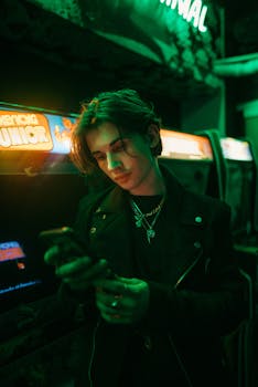 A young man enjoys a moment in a neon-lit arcade with a retro vibe.