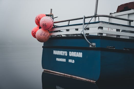 A fishing boat named Harvey's Dream docked in a foggy harbor with colorful buoys.