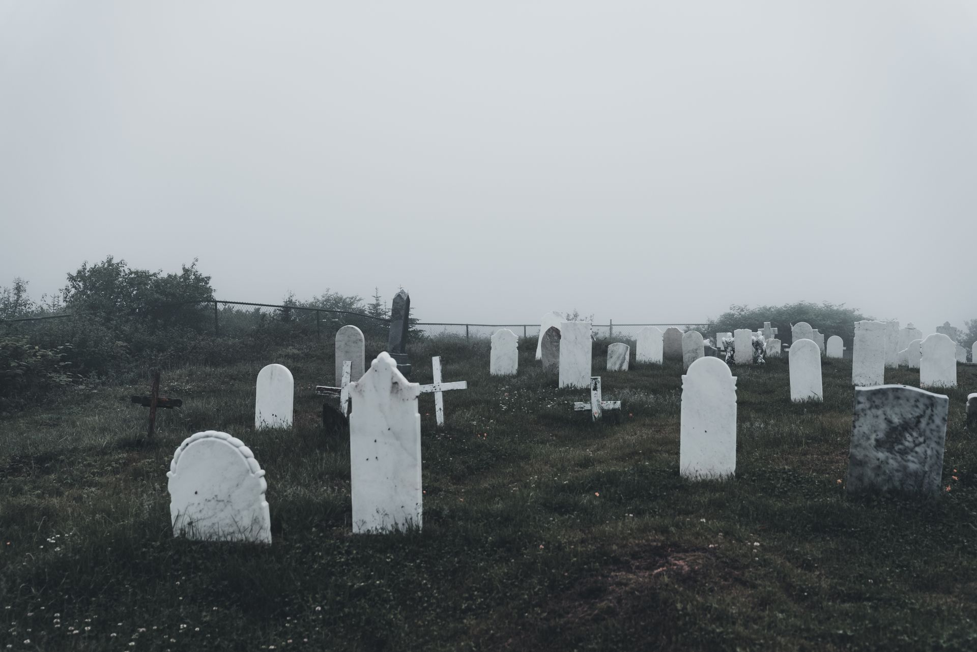 A tranquil, fog-shrouded cemetery with white tombstones and crosses against a grassy backdrop.