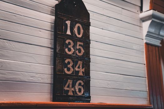 A close-up of a vintage wooden board displaying large numbers on a white wall.