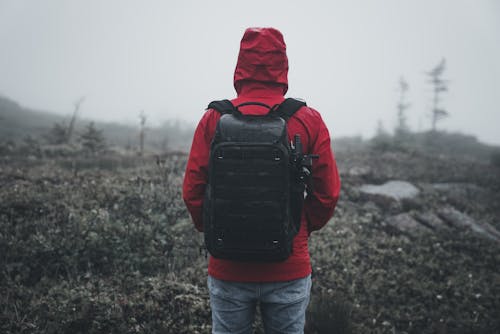 Back of a Hooded Hiker Standing Outdoors in Winter