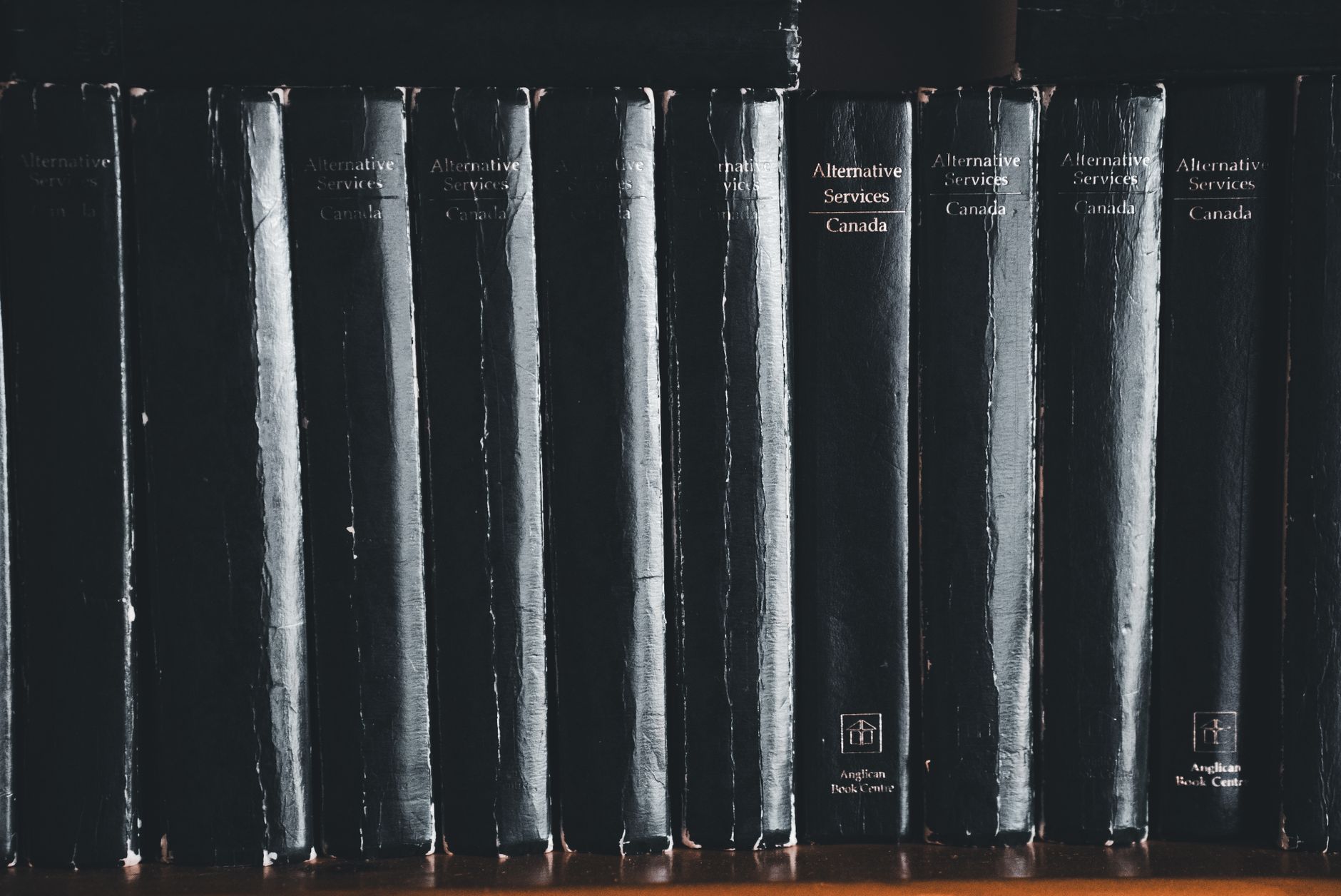 Close-up of black books on a shelf highlighting their titles.