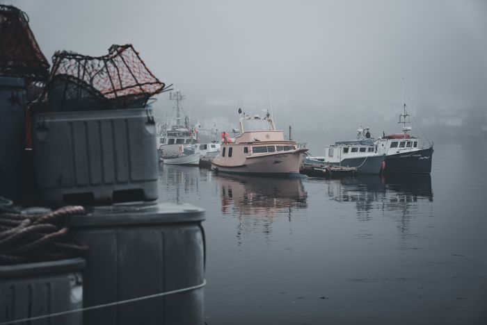 Fishing boats moored in a foggy harbour — photo by Erik Mclean on Pexels