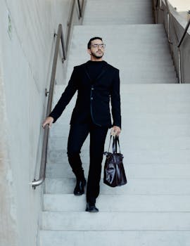 Fashionable man wearing black suit and glasses descends stairs in urban RJ, Brazil setting, carrying a leather bag.