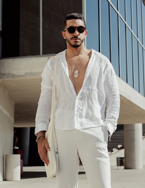 Free Man Posing in White Shirt and Sunglasses Stock Photo