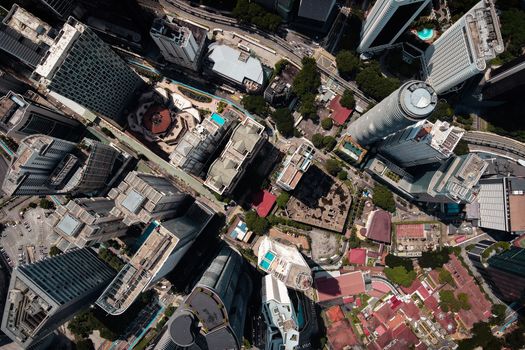 Stunning aerial photograph showcasing a bustling urban landscape with skyscrapers and city streets.