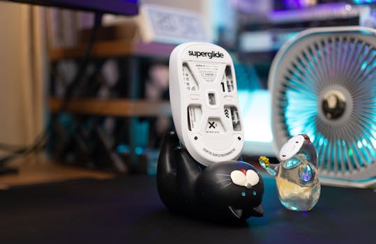 A stylish wireless mouse resting on a decorative cat-shaped holder in a modern tech setup.