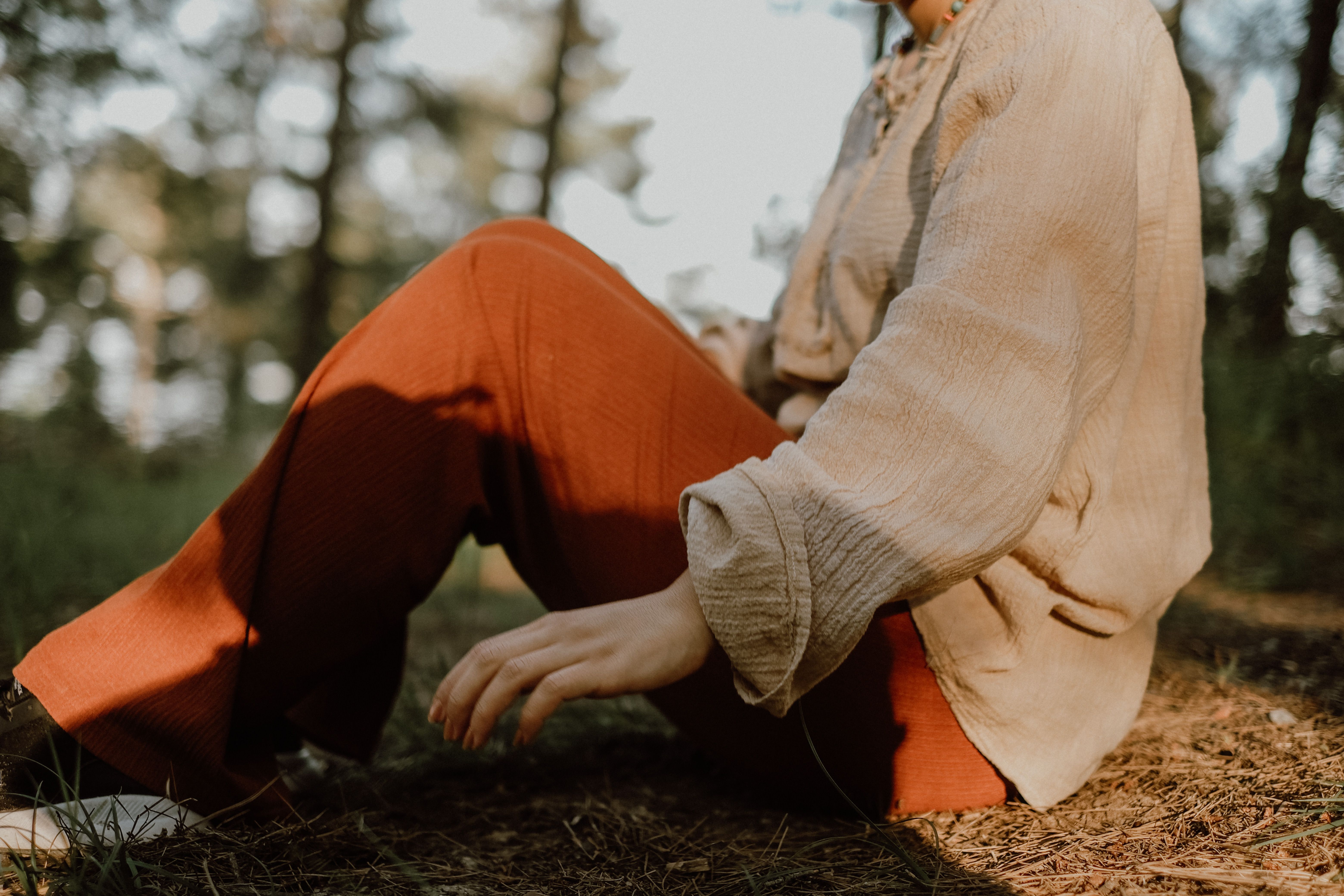 Cotton gauze pants styled for a relaxed weekend look.