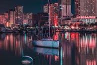 夜晚，城市景观充满活力，灯光将建筑照得明亮，码头倒影平静