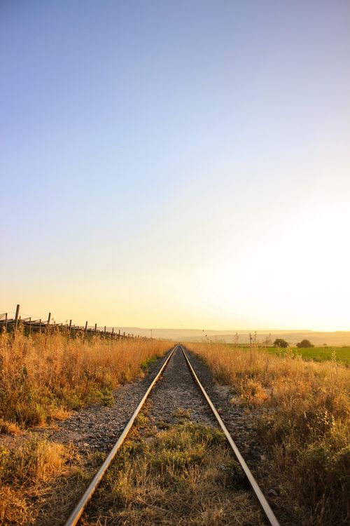 Free A tranquil scene of empty train tracks through fields at sunset, with a clear sky. Stock Photo