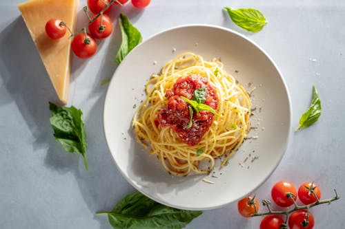 Top View of Spaghetti Pasta with Tomato Sauce 