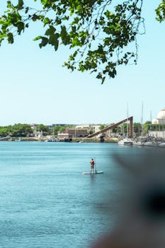 A person paddleboarding on a serene urban waterway on a sunny summer day.