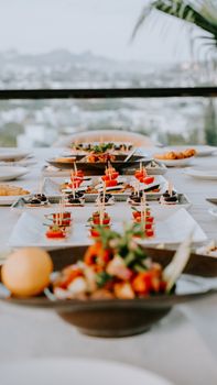 A selection of elegant appetizers set on an outdoor dining table with a scenic view in the background.