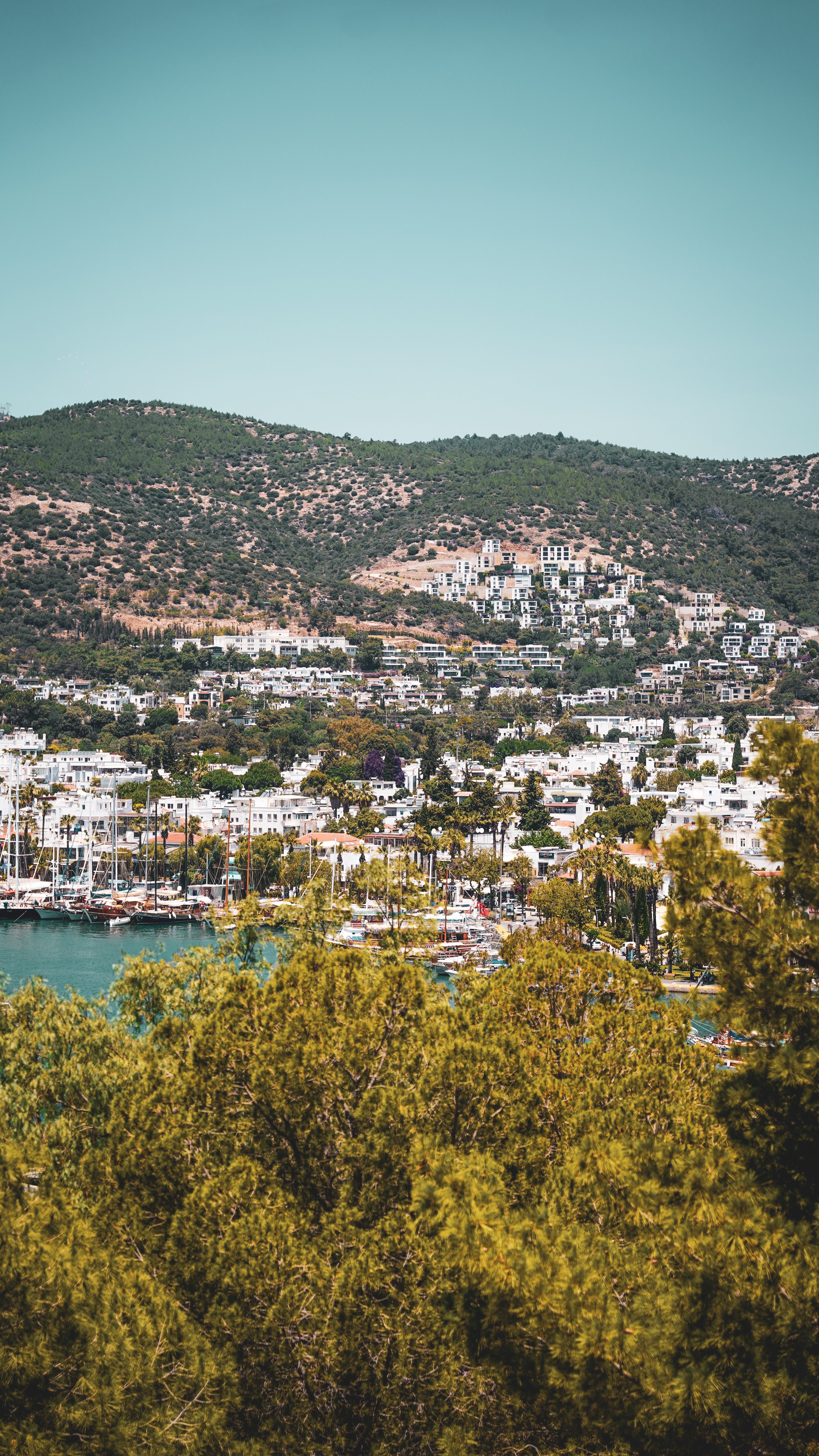 Scenic view of Bodrum's coastal harbor and marina, framed by lush hills under a clear summer sky.