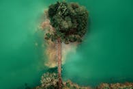 航拍镜头令人惊叹，它拍摄了一座通往岛屿的木桥，岛屿绿树成荫，四周环绕着充满活力的绿水