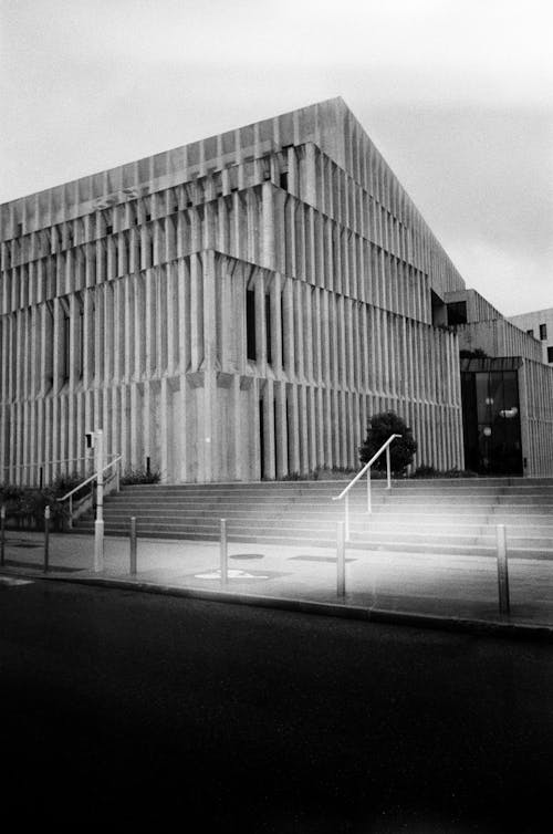 Black and White Photo of a Brutalist Modern Concrete Building